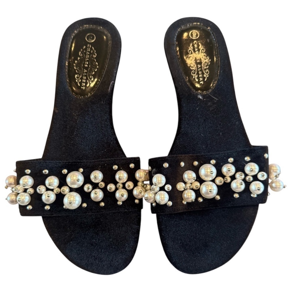 Charles Albert Black Velvet Pearl Embellished Slide Flip Flop Sandal Sz 9
